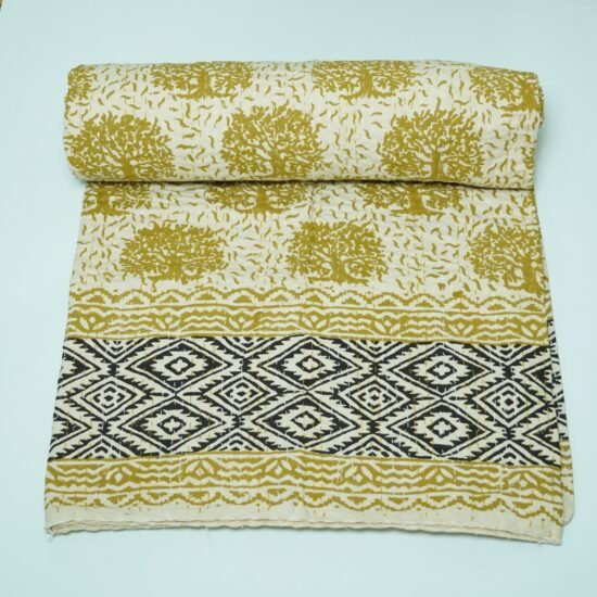 Block Print Bedspread Mustard Yellow Kantha Quilt Cotton Queen King