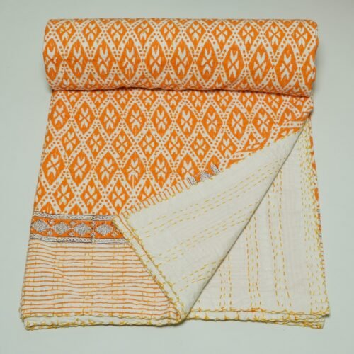 Orange Indian Kantha Bedspread Cotton Block Print Handmade Throw omradecor