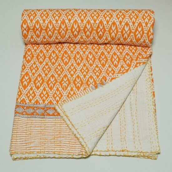 Orange Indian Kantha Bedspread Cotton Block Print Handmade Throw