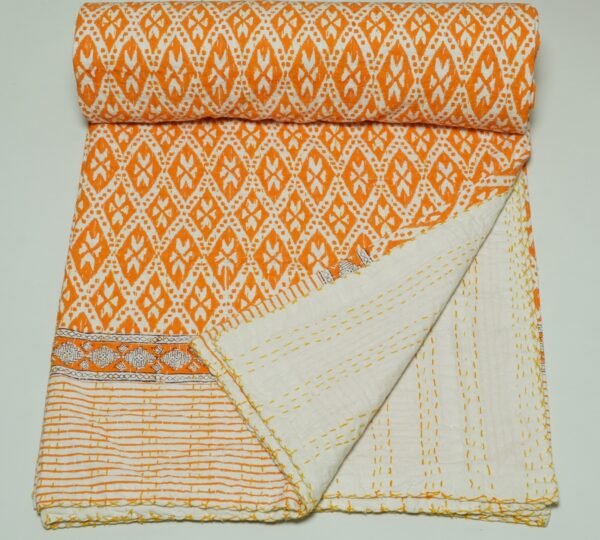 Orange Indian Kantha Bedspread Cotton Block Print Handmade Throw omradecor