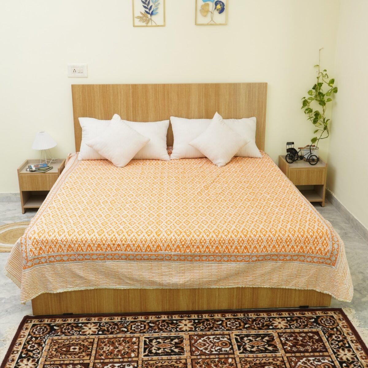 Orange Indian Kantha Bedspread Cotton Block Print Handmade Throw omradecor