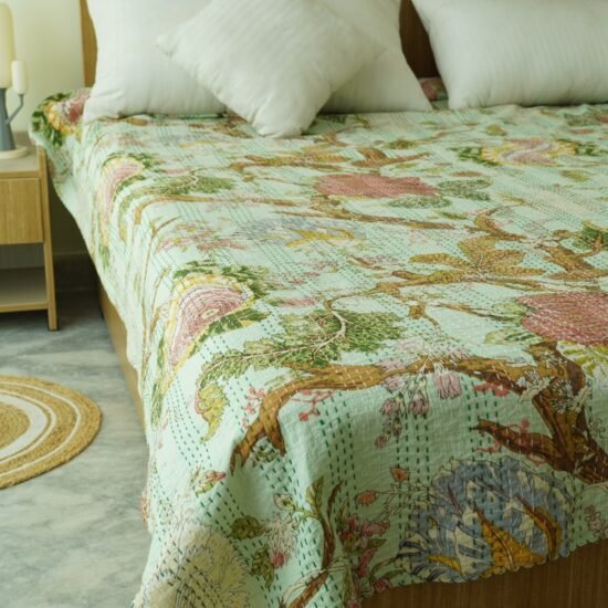 Handmade Floral Kantha Quilt Cotton Bird Print Bedspread Throw Blanket