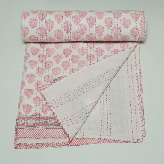 Unique Pink Leaf Block Print Kantha Quilt Handmade Cotton Bedspread