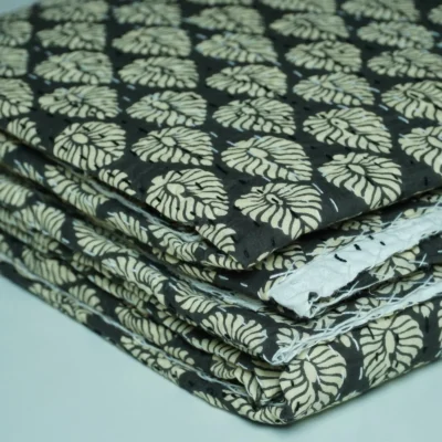 Black Leaf Block Print Kantha Quilt Handmade Cotton Bedspread