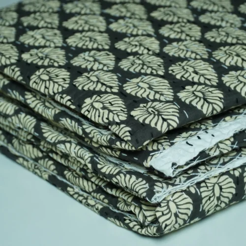 Black Leaf Block Print Kantha Quilt Handmade Cotton Bedspread