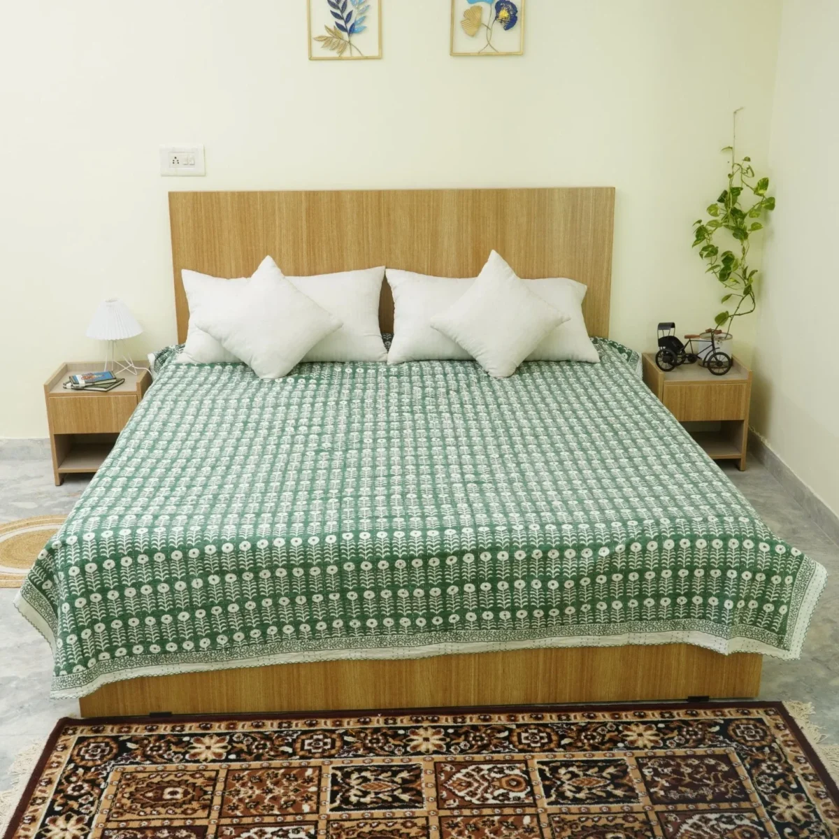 Indian Handmade Green Floral Kantha Quilt Cotton Bedspread Throw Blanket omradecor
