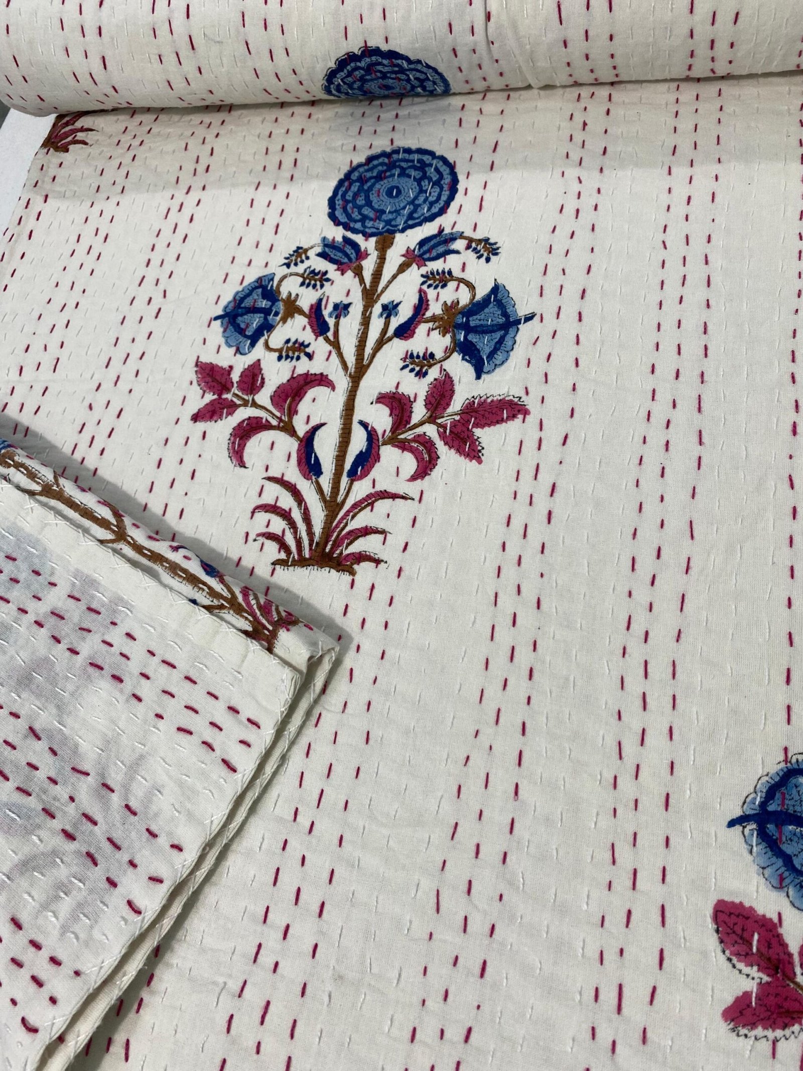 White Blue Floral Kantha Quilt Handmade Cotton Bedspread Indigo Block Print Throw Blanket
