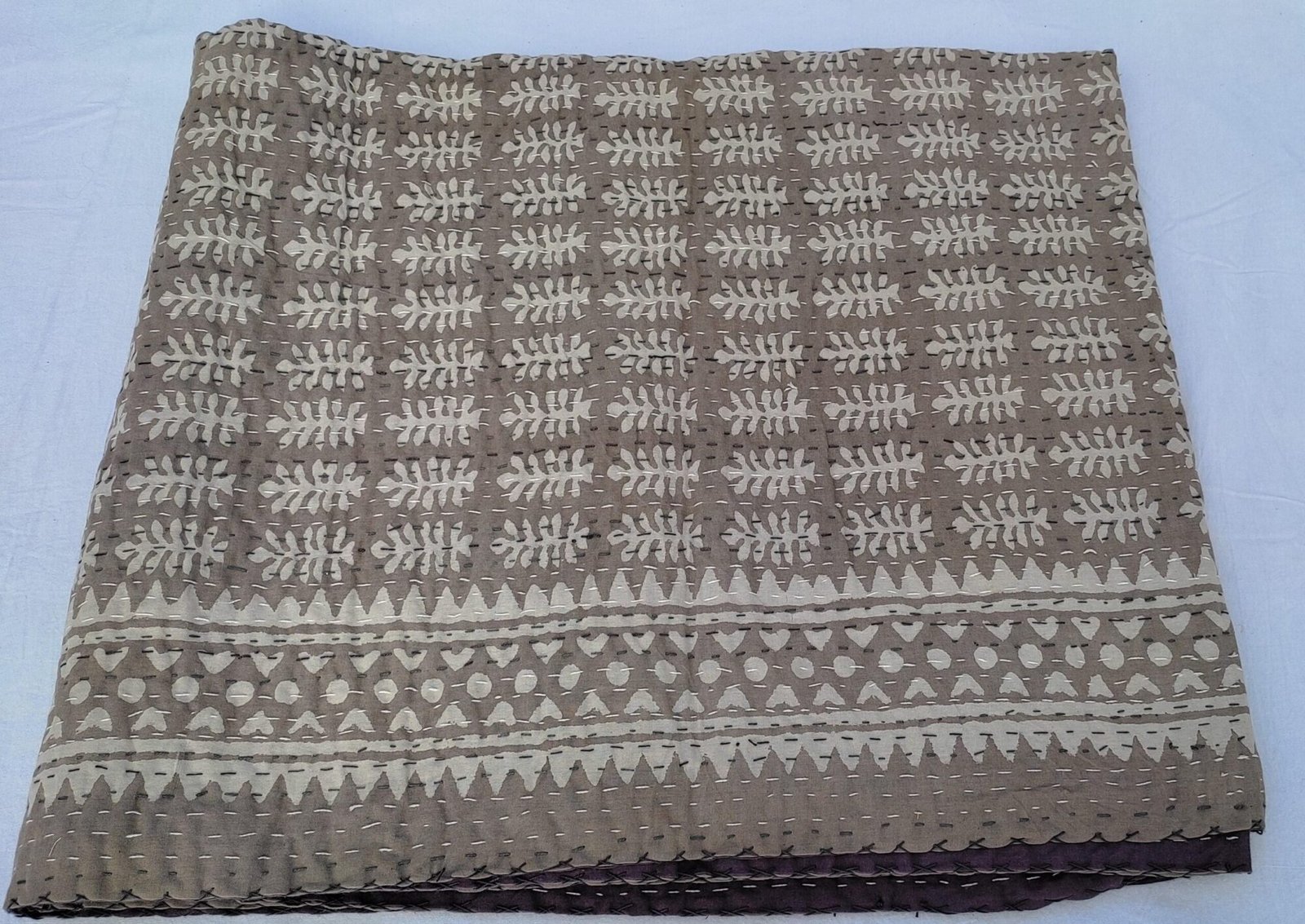 Brown Floral Kantha Quilt Handmade Cotton Bedspread Boho Bedding Throw Blanket Decor Queen Size