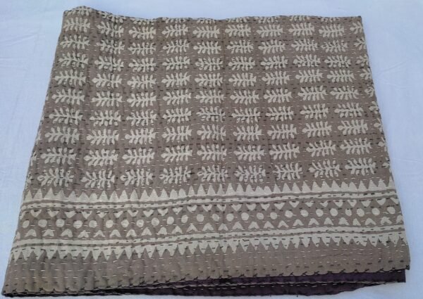 Brown Floral Kantha Quilt Handmade Cotton Bedspread Boho Bedding Throw Blanket Decor Queen Size