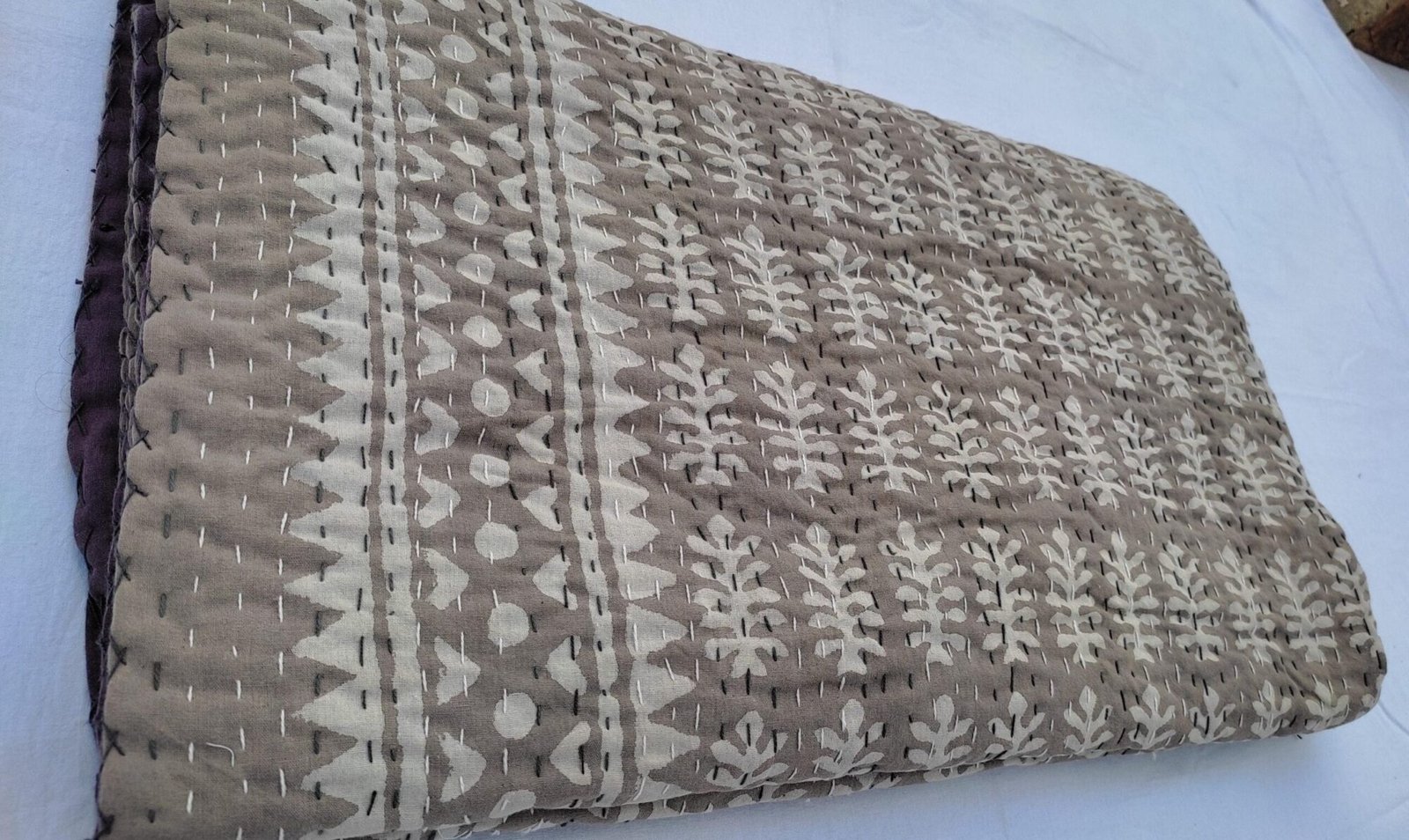 Brown Floral Kantha Quilt Handmade Cotton Bedspread Boho Bedding Throw Blanket Decor Queen Size