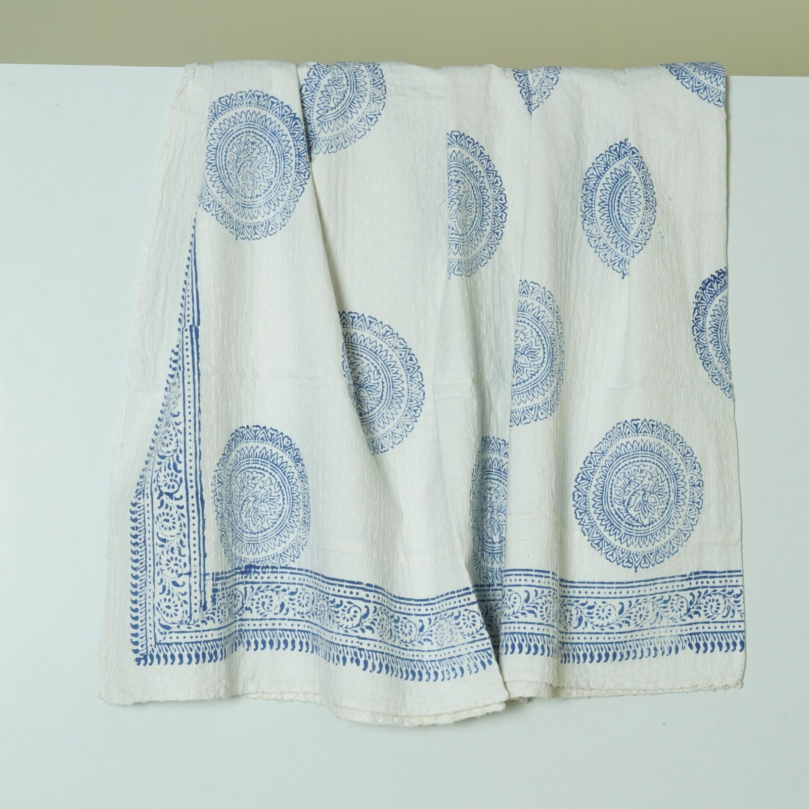 White Blue Mandala Kantha Quilt Handmade Cotton Bedspread Decor