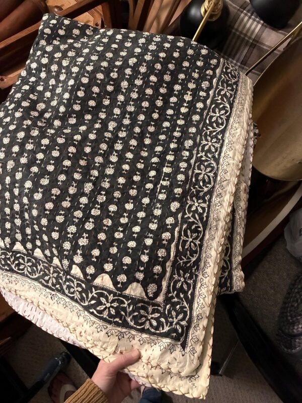 Vintage Black Floral Kantha Quilt Cotton Block Print Boho Bedspread Handmade Indian