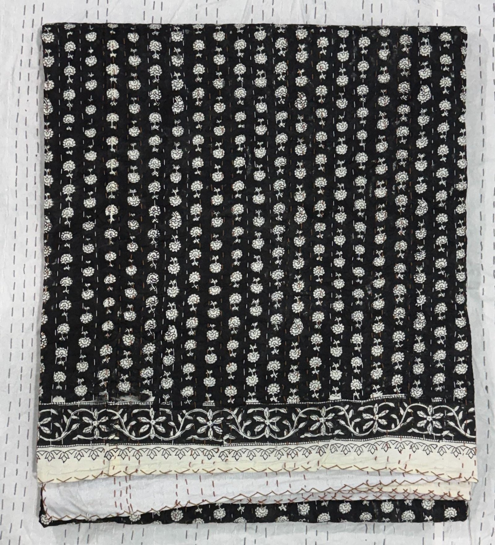 Vintage Black Floral Kantha Quilt Cotton Block Print Boho Bedspread Handmade Indian 1 Vintage Black Floral Kantha Quilt Cotton Block Print Boho Bedspread Handmade Indian