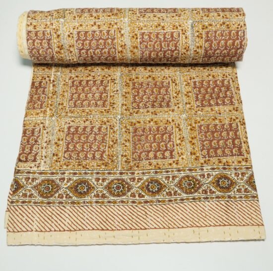 Luxury Brown Mustard Patchwork Kantha Quilt Handmade Cotton Block Print Bedspread Throw Blanket