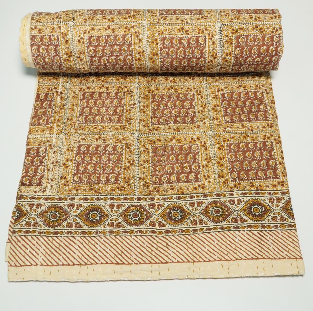 Luxury Brown Mustard Patchwork Kantha Quilt Handmade Cotton Block Print Bedspread Throw Blanket