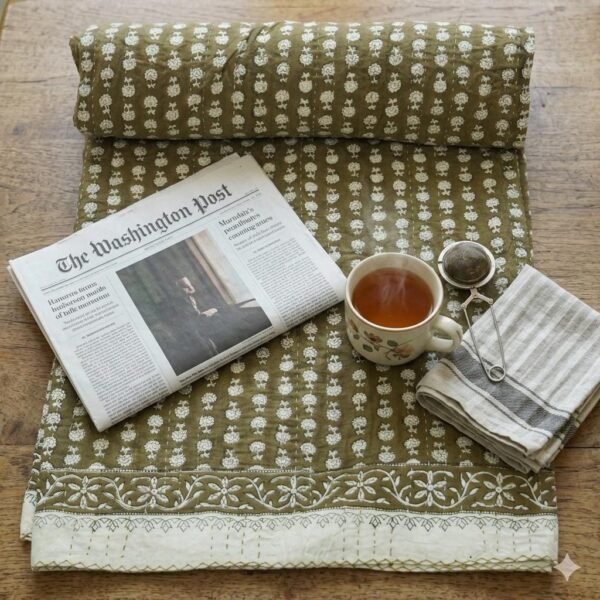 Kantha Blanket Olive Floral Block Print Quilt Cotton Bedspread Handmade Throw
