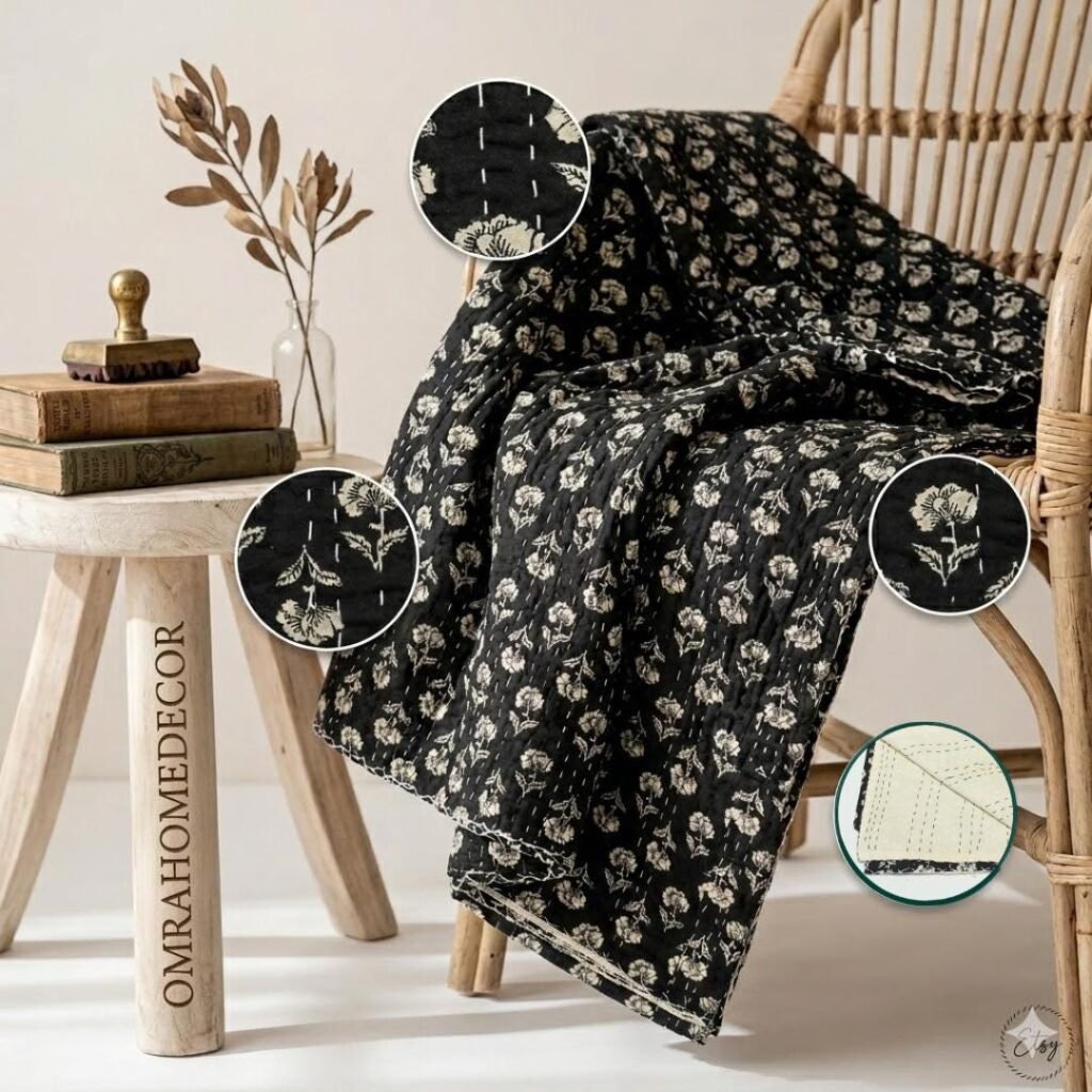 Hand Block Print Black Floral Kantha Quilt | Handmade Cotton Print Bedspread | Indian Boho