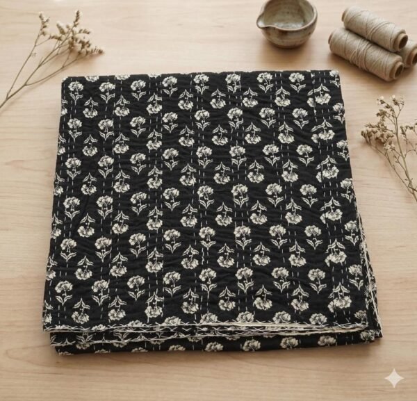 Hand Block Print Black Floral Kantha Quilt | Handmade Cotton Print Bedspread | Indian Boho