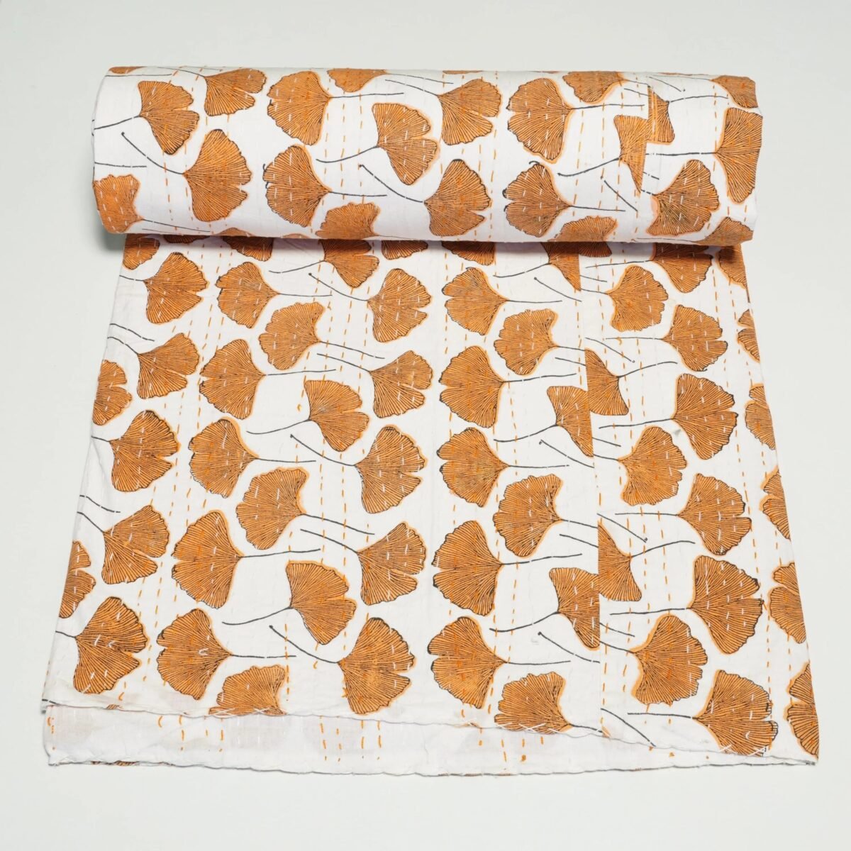 Orange Ginkgo Leaf Kantha Quilt Handmade Cotton Bedspread | Modern Botanical Boho