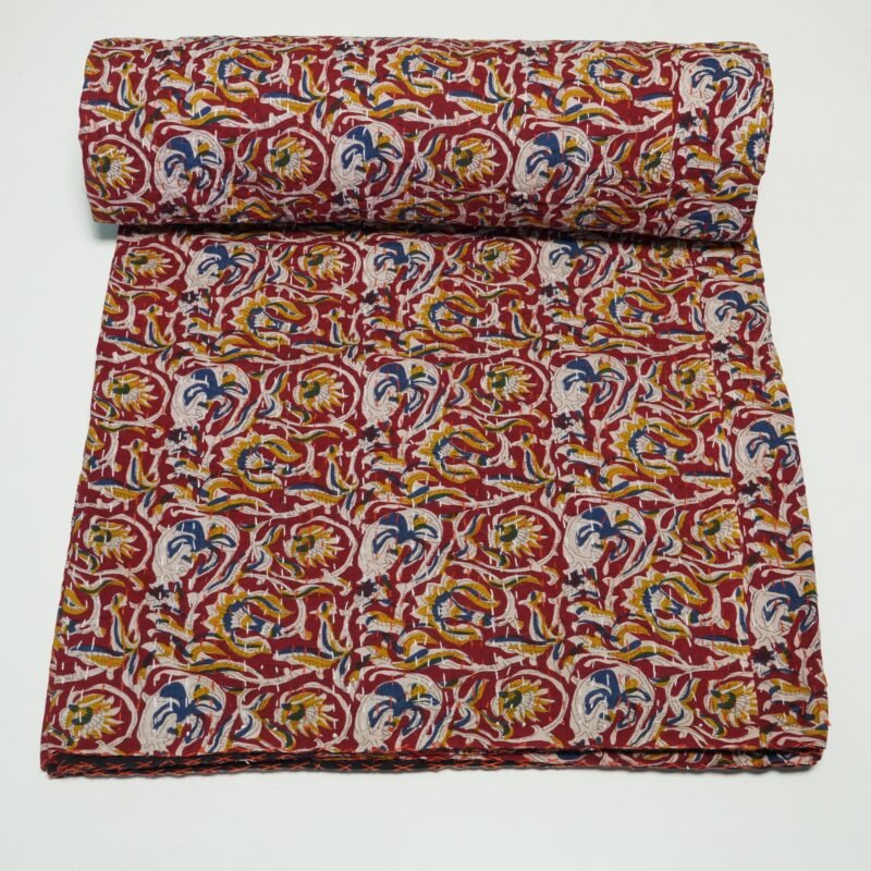 Red Floral Duvet Cover Kantha Quilt | Handmade Cotton Bedspread Boho | Block Print Throw Blanket