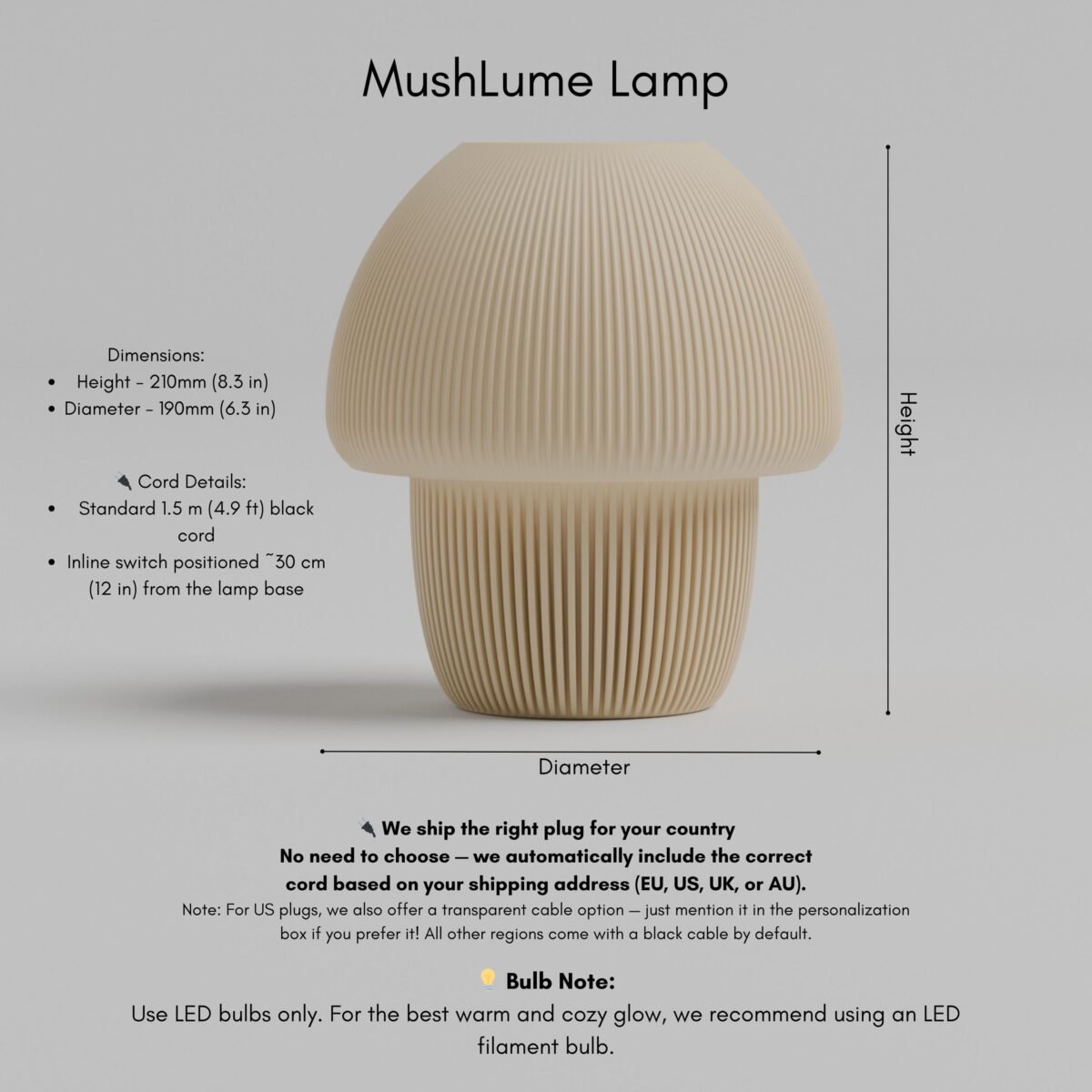 Minimalist Mushroom Table Light with Warm Glow – Modern Bedside E26/E27 Bulb Holder