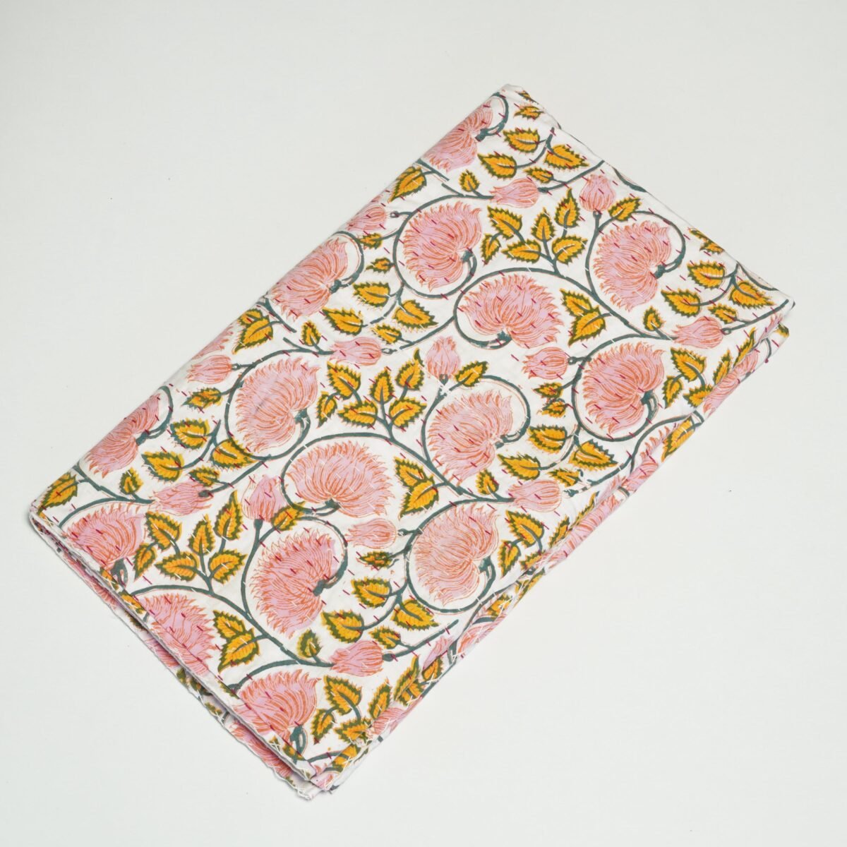 Peach Floral Kantha Quilt, Handmade Cotton Block Print Bedspread, Indian Boho Throw Blanket