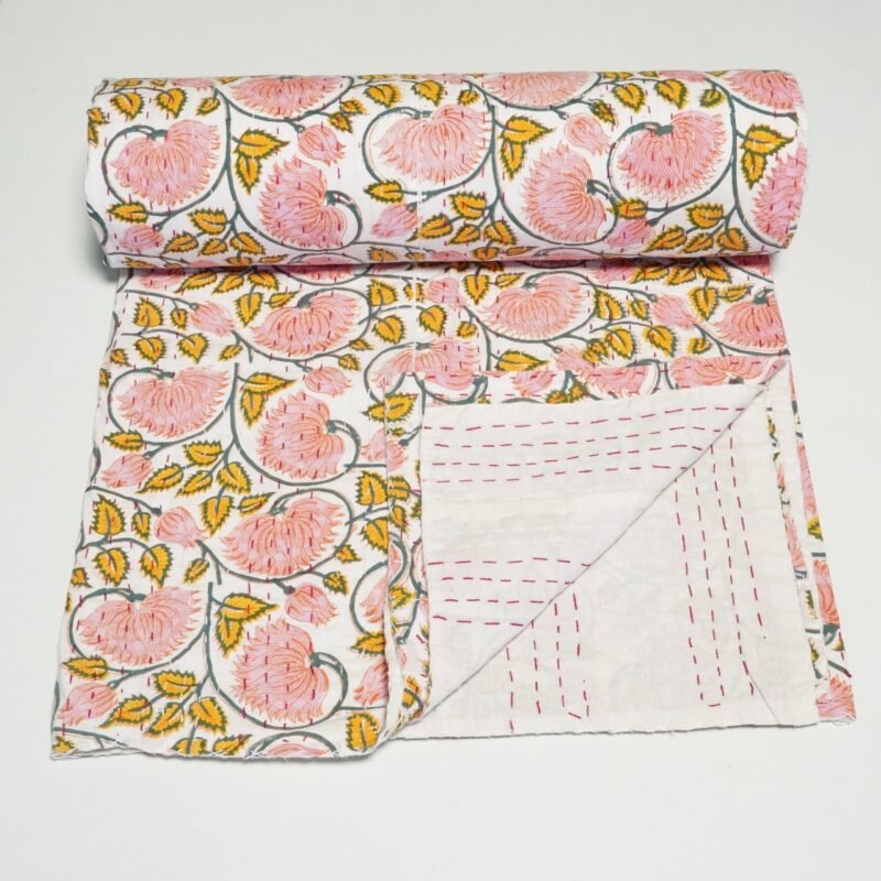 Peach Floral Kantha Quilt, Handmade Cotton Block Print Bedspread, Indian Boho Throw Blanket