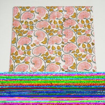Peach Floral Kantha Quilt, Handmade Cotton Block Print Bedspread, Indian Boho Throw Blanket