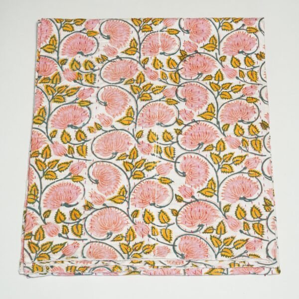 Peach Floral Kantha Quilt, Handmade Cotton Block Print Bedspread, Indian Boho Throw Blanket