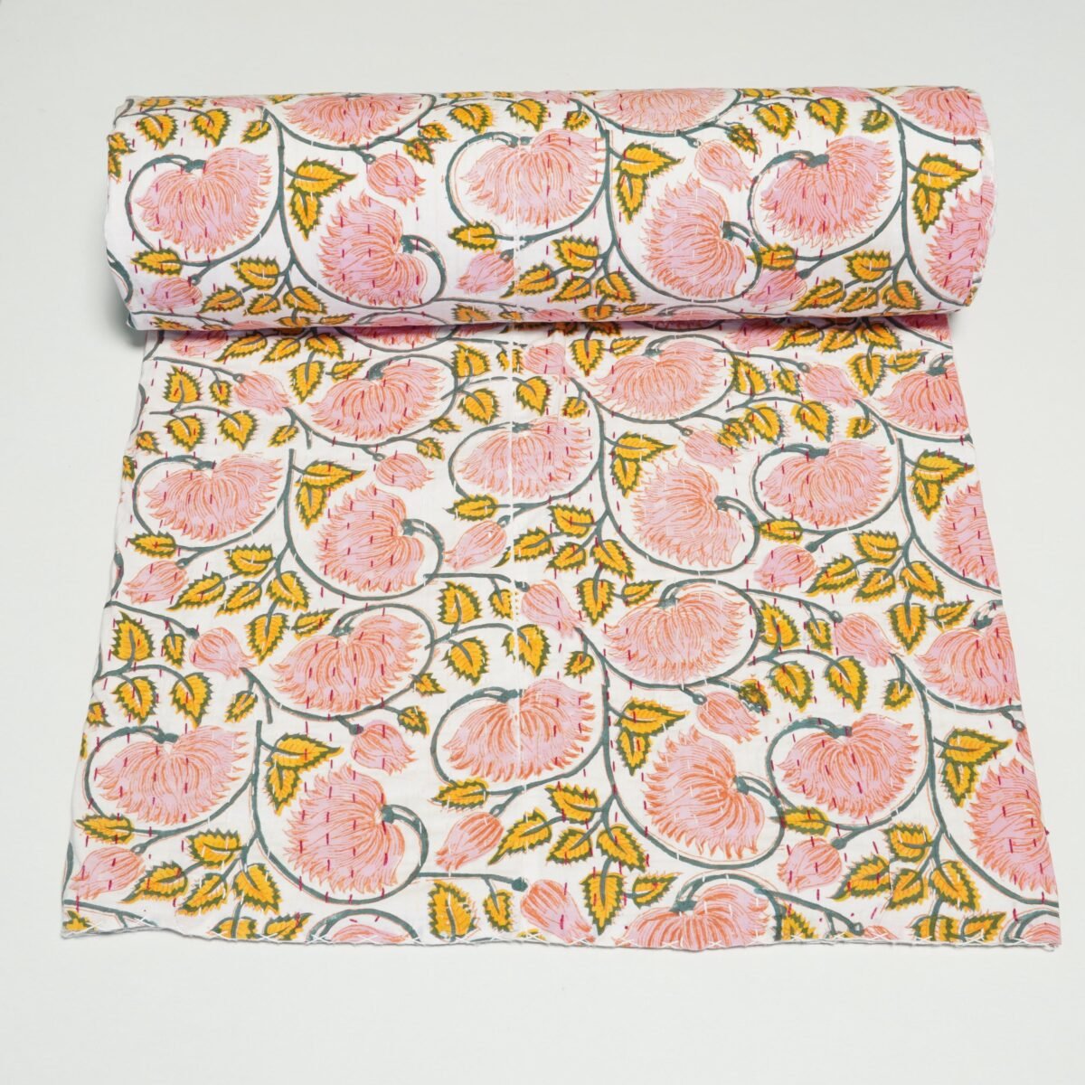 Peach Floral Kantha Quilt, Handmade Cotton Block Print Bedspread, Indian Boho Throw Blanket