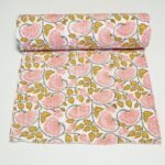 Peach Floral Kantha Quilt, Handmade Cotton Block Print Bedspread, Indian Boho Throw Blanket
