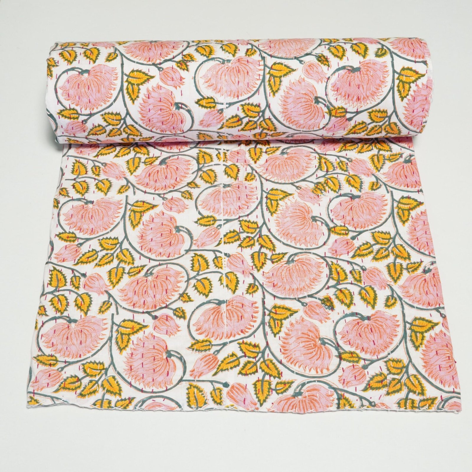 Peach Floral Kantha Quilt, Handmade Cotton Block Print Bedspread, Indian Boho Throw Blanket