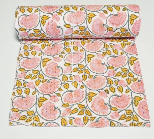 Peach Floral Kantha Quilt, Handmade Cotton Block Print Bedspread, Indian Boho Throw Blanket