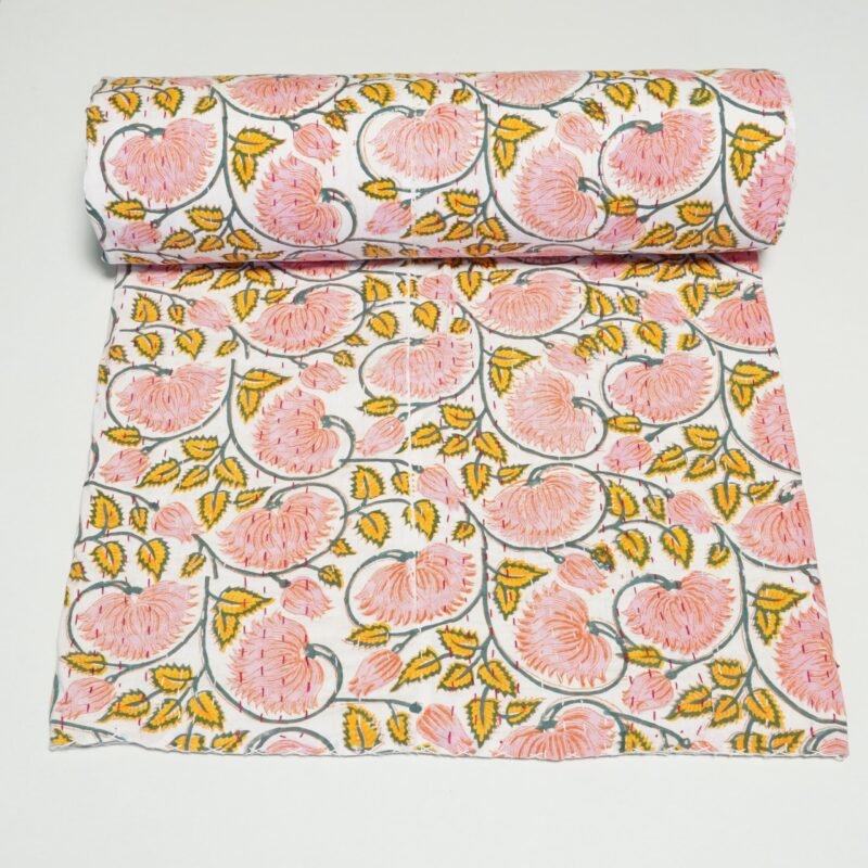 Peach Floral Kantha Quilt, Handmade Cotton Block Print Bedspread, Indian Boho Throw Blanket