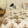 Brown Floral Block Print Kantha Quilt Handmade Cotton Bedspread Indian Bedding