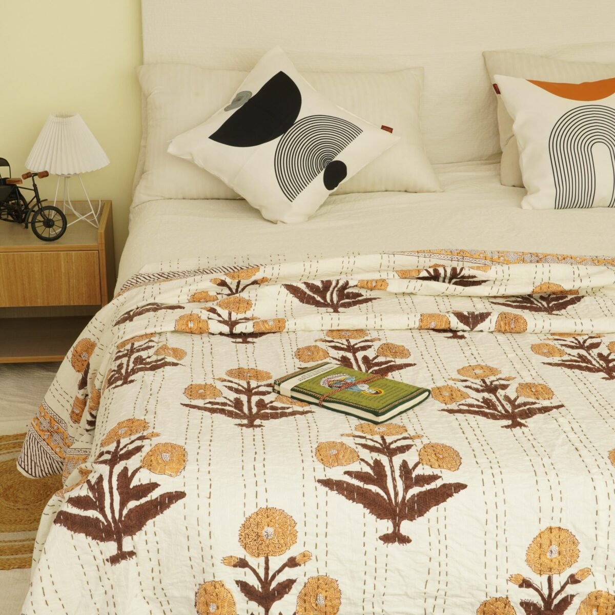 Brown Floral Block Print Kantha Quilt Handmade Cotton Bedspread Indian Bedding