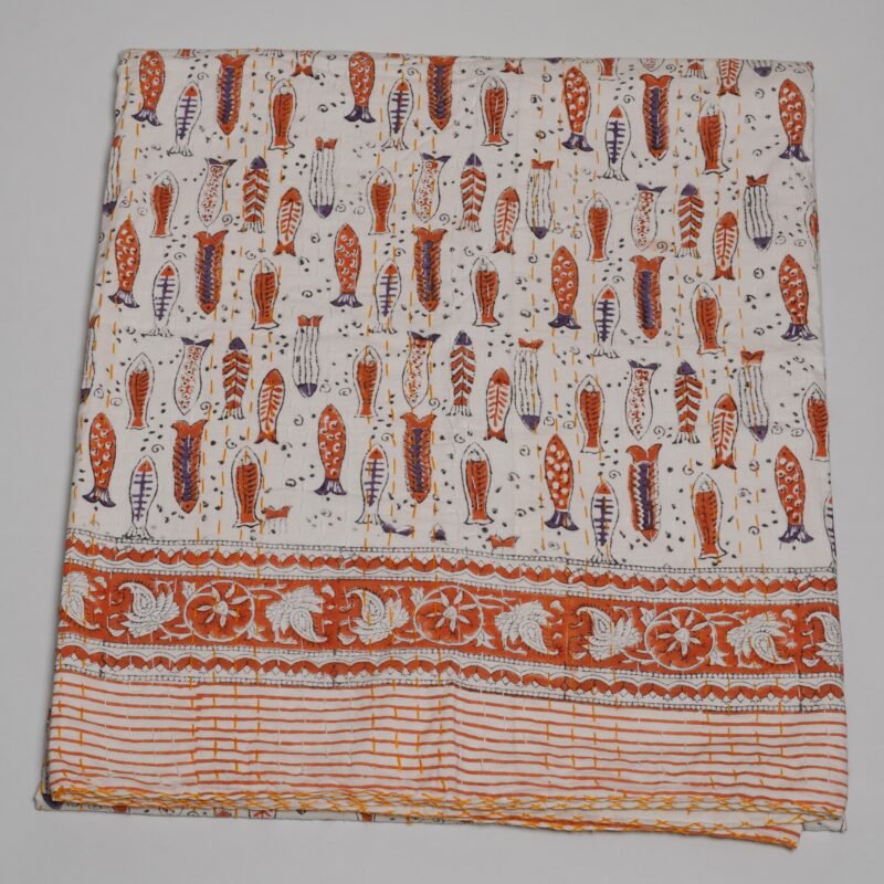 Orange Fish Block Print Kantha Quilt Handmade Cotton Coastal Bedspread Bedding