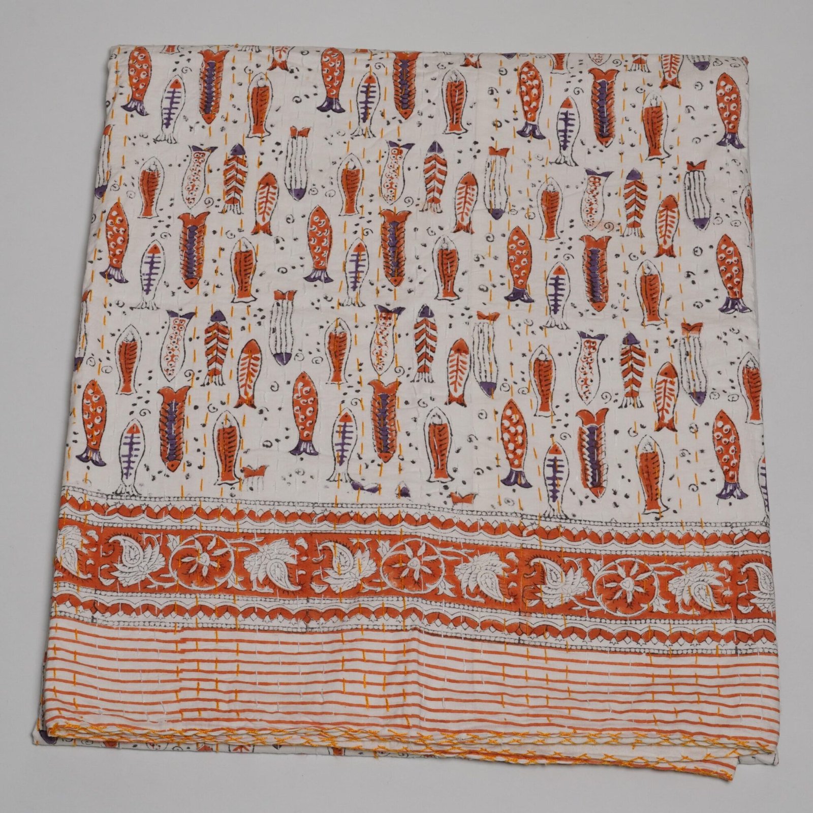 Orange Fish Block Print Kantha Quilt Handmade Cotton Coastal Bedspread Bedding
