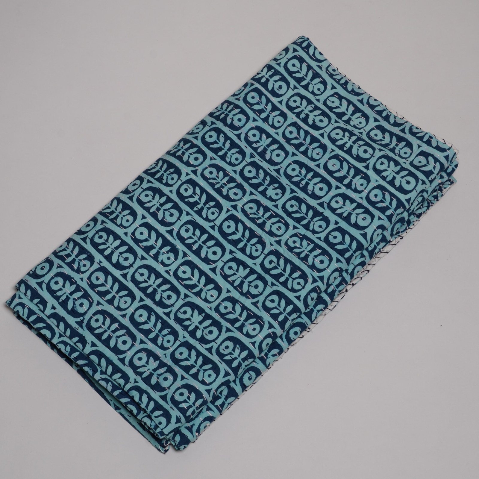 Teal Geometric Block Print Kantha Quilt Handmade Cotton Modern Boho Bedspread 1 Teal Geometric Block Print Kantha Quilt Handmade Cotton Modern Boho Bedspread