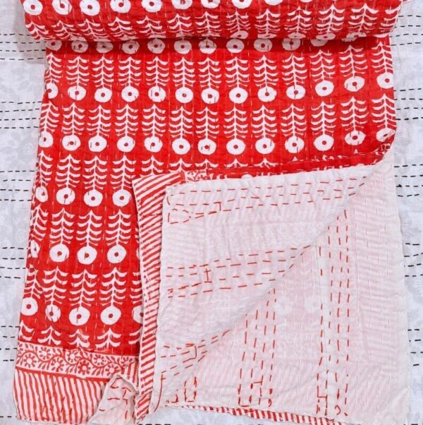Red Quilted King Kantha Bedspread, Handmade Cotton Floral Block Print