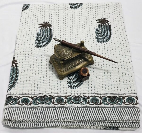 White Floral Kantha Bedspread, Handmade Cotton Block Print Lightweight