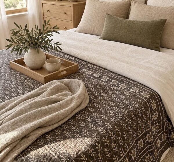 Block Print Quilt Cotton Kantha Bedspread, Lightweight Indian Blanket with Border