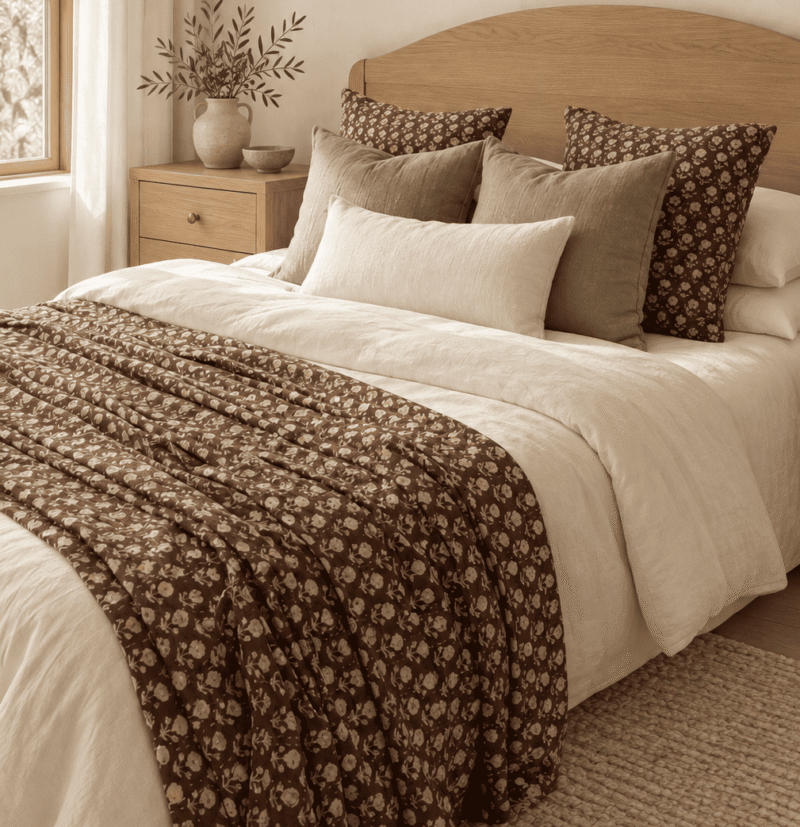 Vintage Kantha Quilt Brown Floral Hand Block Print Cotton Bedspread Handmade Indian Bedding Blanket