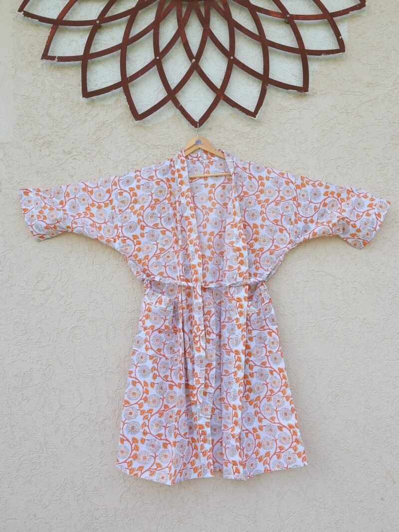 Women’s Orange Floral Kimono Robe – Cream Botanical Long Kimono Cover Up with Belt & Pockets