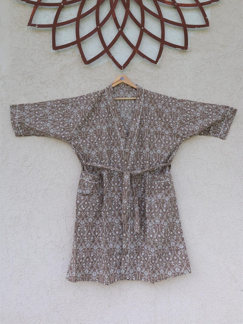 Women’s Brown Floral Kimono Robe – Taupe Botanical Long Kimono Cover Up with Belt & Pockets