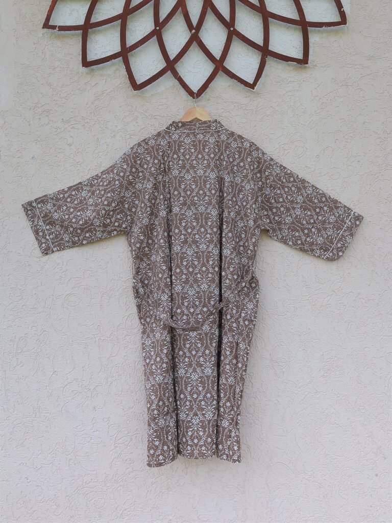 Women’s Brown Floral Kimono Robe – Taupe Botanical Long Kimono Cover Up with Belt & Pockets