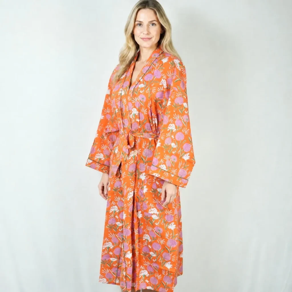 Orange Floral Cotton Robe for Women | Kimono Dressing Gown