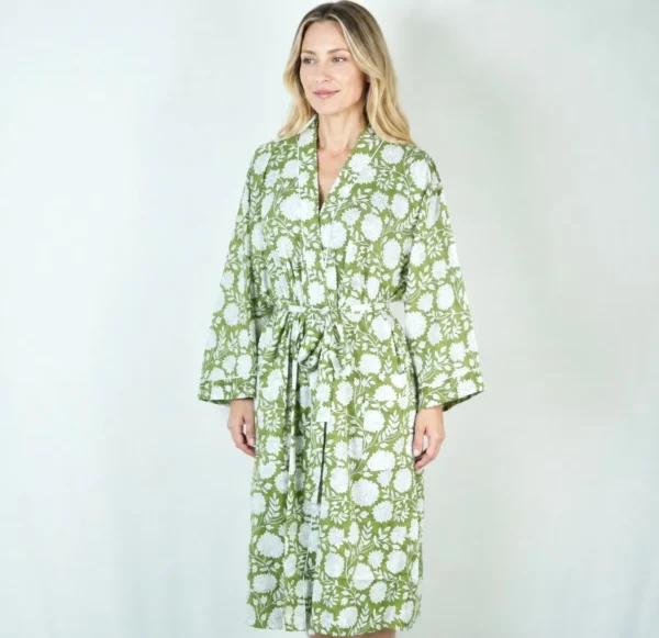 Green Floral Cotton Kimono Robe for Women – Long Lightweight