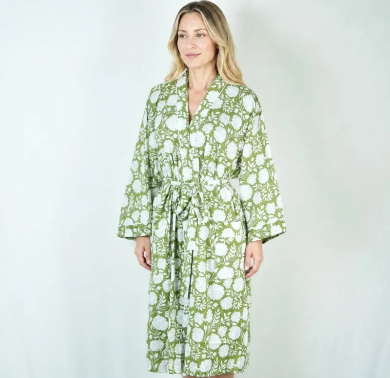 Green Floral Cotton Kimono Robe for Women – Long Lightweight Dressing Gown