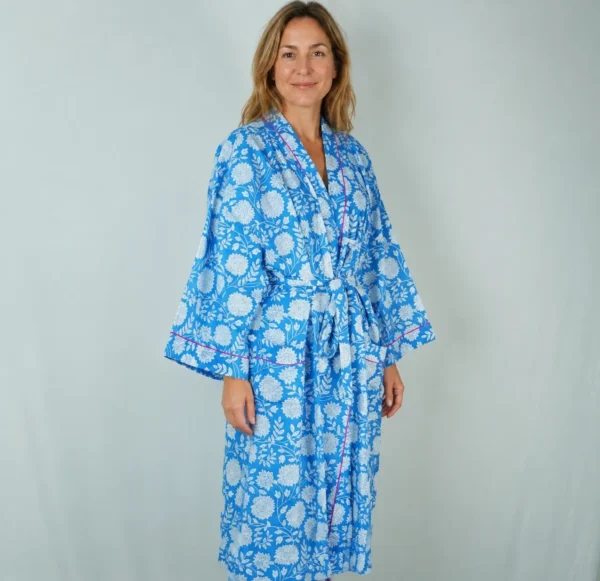 Blue Floral Cotton Kimono Robe for Women, Hand Block Print Bathrobe,